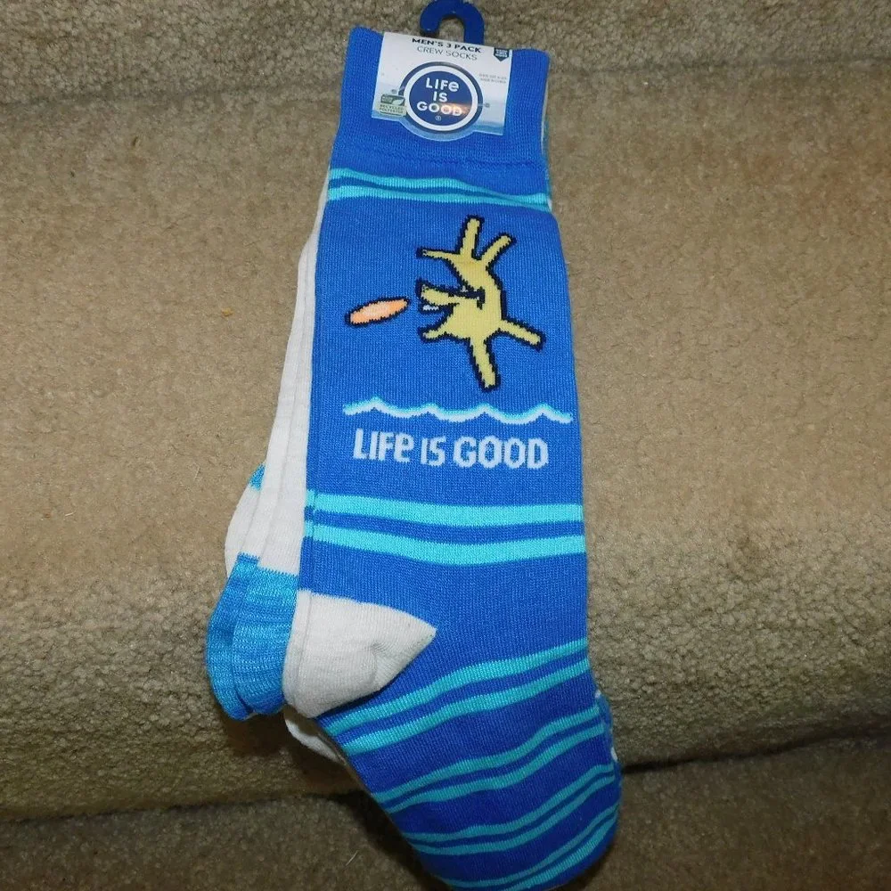 NWT 3 Prs LIFE IS GOOD Frisbee Dog Blue Socks